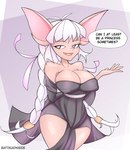 anthro bat_ears big_ears blonde_hair breasts clothed clothing dress female hair long_hair purple_eyes ribbons simple_background smile solo speech_bubble text thick_thighs white_hair batdeadinside fan_character animal_humanoid bat bat_humanoid humanoid mammal mammal_humanoid