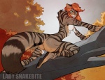 anthro breasts female looking_at_viewer nipples nude plant pose solo stripes tail tree lady_snakebite domestic_cat felid feline felis mammal pinup