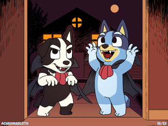anthro blue_body blue_fur building clothing costume duo fangs female fur holidays house male night smile tail teeth trick-or-treating young achromasloth bluey_(series) halloween bluey_heeler mackenzie_(bluey) australian_cattle_dog border_collie canid canine canis cattledog collie domestic_dog herding_dog mammal pastoral_dog sheepdog vampire 2025 absurd_res digital_media_(artwork) flat_colors hi_res signature