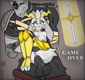anthro anthro_on_anthro anthro_penetrated anthro_penetrating anthro_penetrating_anthro areola armor aroused balls big_penis biped blue_eyes bodily_fluids boss_fight breasts clothed clothing defeated defeated_heroine dominant dominant_male duo ejaculation eyebrows eyelashes female fingers fur game_over gameplay_mechanics genital_fluids genitals grey_body grey_fur hooves horn looking_pleasured male male/female medium_breasts melee_weapon mostly_nude nipples orgasm orgasm_face penetration penis piercing pubes sex submissive submissive_female text unguligrade urethra vaginal vaginal_fluids vaginal_fluids_on_penis vaginal_fluids_on_vulva vaginal_squirting vulva weapon mr_esmox pseudoregalia strong_eyes_(pseudoregalia) sybil_(pseudoregalia) bovid canid canine canis caprine mammal wolf 2026 absurd_res digital_drawing_(artwork) digital_media_(artwork) english_text hi_res shaded