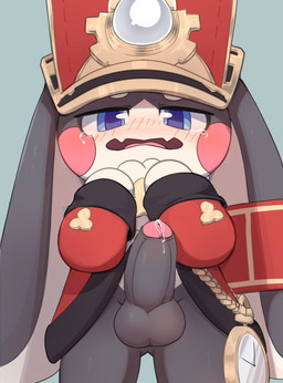 anthro balls black_body blue_eyes blush bodily_fluids bottomless clock clothed clothing conductor crying dripping embarrassed foreskin fur genital_fluids genitals grey_body grey_fur hat headgear headwear humanoid_genitalia humanoid_penis long_ears looking_down male multicolored_body nl penis pocketwatch precum precum_drip solo tears two_tone_body watch white_body young young_anthro young_male smite_(artist) honkai:_star_rail mihoyo pom-pom_(honkai:_star_rail) lagomorph leporid mammal rabbit hi_res