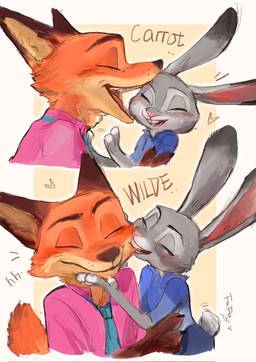 anthro blush buckteeth clothing dialogue duo female flirting heart_symbol holding_another's_head holding_head love_bite male male/female name_in_dialogue nickname pink_clothing pink_shirt pink_topwear romantic romantic_couple shirt tail tail_motion tailwag teeth topwear bpbpimasheep disney zootopia judy_hopps nick_wilde canid canine european_rabbit fox lagomorph leporid mammal oryctolagus rabbit red_fox true_fox digital_media_(artwork) hi_res