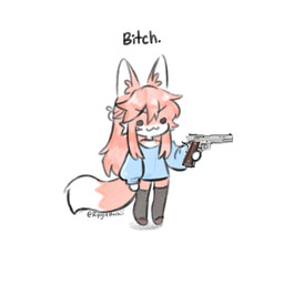 :3 anthro bad_trigger_discipline chibi clothed clothing ear_tuft female female_anthro fur gun hair handgun holding_gun holding_handgun holding_object holding_pistol holding_ranged_weapon holding_weapon kemono legwear pantsless pink_body pink_fur pink_hair pistol profanity ranged_weapon simple_background solo tail text thigh_highs tuft weapon white_background ryujinhoshii rj_(ryujinhoshii) canid canine fox mammal 1:1 2023 digital_media_(artwork) english_text hi_res reaction_image