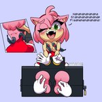 5_fingers anthro barefoot breasts clothing disembodied_hand feathers feet female fingers fur gloves green_eyes handwear laugh nipples one_eye_closed pink_body pink_fur restraints soles stocks tickling tickling_breasts tickling_feet tadashibaka sega sonic_the_hedgehog_(series) amy_rose eulipotyphlan hedgehog mammal 1:1 hi_res