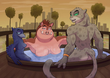 4_fingers anthro back_muscles beak big_breasts blue_eyes blue_sclera breast_size_difference breasts brown_eyes butt casual_nudity city cityscape ear_piercing facial_piercing female fingers green_eyes green_sclera grey_beak group group_nudity hot_tub implied_nudity looking_at_viewer looking_back looking_back_at_viewer muscular muscular_anthro muscular_female nose_piercing nose_ring nude nude_anthro nude_female outdoor_nudity outside overweight overweight_anthro overweight_female palm_tree partially_submerged piercing plant ring ring_piercing size_difference skinny_dipping smile tree trio water conditional_dnp ekayas dreamworks the_bad_guys doom_(the_bad_guys) kitty_kat_(the_bad_guys) pigtail_(the_bad_guys) avian bird corvid corvus_(genus) felid mammal oscine pantherine passerine raven snow_leopard suid suine sus_(pig) wild_boar hi_res