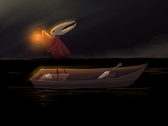2_horns ambiguous_gender biped black_body black_eyes boat cloak clothing empty_eyes flower glowing holding_lantern holding_object horn lamp lantern outside plant red_cloak red_clothing solo standing vehicle water watercraft white_flower kuijinxi hollow_knight_(franchise) team_cherry hornet_(hollow_knight) arthropod 2025 4:3 hi_res female_(lore)
