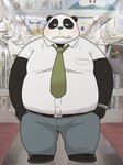 anthro belly big_belly black_body black_nose bottomwear clothed clothing kemono male mature_male necktie overweight overweight_male pants real shirt solo topwear white_body wantaro bear giant_panda mammal 2022