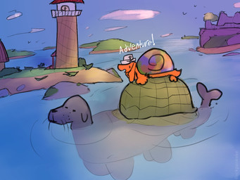 ambiguous_gender clothing duo grey_body hat hat_only headgear headgear_only headwear headwear_only island lighthouse mostly_nude orange_body outside quadruped riding_on_back ruins sea text water rockpankake ama_(rockpankake) aquatic mammal pinniped seal 2026 4:3 digital_media_(artwork) english_text hi_res