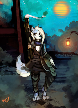 4_toes anthro barefoot biped black_clothing black_nose blue_body blue_fur blue_sky blue_tail bottomwear clothed clothing detailed_background digitigrade feet front_view fully_clothed fur green_bottomwear green_clothing green_pants grey_eyes grey_spots gun holding_gun holding_object holding_ranged_weapon holding_weapon lamp lantern light looking_aside male markings military multicolored_body multicolored_fur multicolored_tail night on_ground outside pants plant pose ranged_weapon rifle shrub sky smoking_gun snout soldier solo spots spotted_body spotted_fur spotted_markings spotted_tail standing star starry_sky tail tail_markings toes tree uniform warrior weapon white_body white_fur white_tail dirtyscoundrel skylett_fire canid canine canis dalmatian domestic_dog mammal 2017 digital_media_(artwork) digital_painting_(artwork) hi_res painting_(artwork) signature