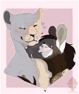 anthro bangs blue_eyes border cuddling duo fangs hairless long_fangs male mane nude purring scar skinny teeth tender vitiligo white_border nenhae your_boyfriend felid hybrid mammal moschid musk_deer pantherine snow_leopard absurd_res hi_res shaded soft_shading trans_(lore) trans_man_(lore)