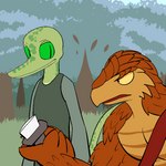 1:1 2014 anthro clothed clothing digital_media_(artwork) duo grass green_body green_eyes green_skin kobold lagotrope male melee_weapon mountain_kobold orange_body orange_eyes orange_scales outline outside plant pupils scales shirt slit_pupils standing story story_at_source story_in_description sword tgchan topless topwear tree weapon