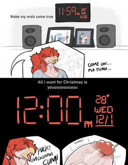 anthro athletic athletic_anthro athletic_male beak big_penis bodily_fluids clock clothing countdown dialogue digital_clock electronics erection exhausted genital_fluids genitals glans group hair holidays huge_penis humor hyper hyper_genitalia hyper_penis imminent_orgasm inside male music night onomatopoeia penis precum profanity red_feather red_hair shirt solo sound_effects speaker sweat sweatdrop talking_to_self text tongue tongue_out topwear marvolk all_i_want_for_christmas_is_you christmas no_nut_november flamie_(marvolk) avian bird 2021 colored comic english_text hi_res meme