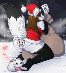 anthro biped christmas_clothing christmas_headwear clothing female hat headgear headwear holidays kneeling legwear looking_back outside overweight overweight_anthro overweight_female santa_hat smile snow solo thick_thighs thigh_highs underwear lovelesskiax christmas kiri canid canine fox mammal poro hi_res