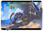 abs anthro asymmetrical_coloring beach black_body black_fur bulge clothing fur male muscular muscular_anthro muscular_male nipples pecs pubes sand seaside solo speedo swimwear water wings kzy_r9877 lifewonders tokyo_afterschool_summoners tezcatlipoca_(tas) felid mammal pantherine hi_res