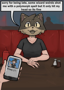 :3 :d after_transformation big_eyes black_clothing black_nose black_shirt black_t-shirt black_topwear breasts brown_body brown_fur catfishing cellphone cheek_tuft clothing condiment condiment_bottle crooked_whiskers date dating_app dialogue dining_table electronics facial_tuft fangs female first_person_view for_a_head fur gesture head_tuft human_to_humanoid ketchup_bottle looking_at_viewer medium_breasts mostly_offscreen_character multicolored_body multicolored_fur not_furry open_:3 open_mouth partial_transformation pepper_shaker phone pupils restaurant salt_shaker seat shirt sitting slit_pupils smartphone smile social_media solo species_transformation speech_bubble t-shirt talking_to_viewer teeth text topwear transformation transformation_through_magic triangle_nose tuft two_tone_body two_tone_fur waving whiskers yellow_eyes flintchips kimmy_(flintchips) animal_head animal_humanoid cat_humanoid felid felid_humanoid feline feline_humanoid humanoid mammal mammal_humanoid 2026 english_text half-length_portrait hi_res portrait shaded