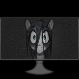 black_background computer_monitor electronics female hair long_hair looking_at_viewer monitor nightmare_fuel simple_background solo jrvanesbroek creepypasta hasbro my_little_pony fan_character zero_zero.exe_(jrvanesbroek) computer_virus_(species) digital_creature earth_pony equid equine horse mammal pony spirit 1:1