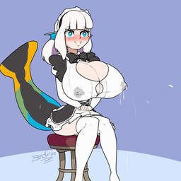 big_breasts blue_eyes blush blush_lines bodily_fluids bow_tie breasts butt cleavage clothed clothing female fin furniture hair huge_breasts lactating lactating_through_clothing maid_headdress maid_uniform milk nipple_outline sitting smile solo stool tail text uniform wet wet_clothing white_hair zedrin animal_humanoid aquatic aquatic_humanoid fish fish_humanoid humanoid 1:1 animated character_request hi_res no_sound short_playtime signature video