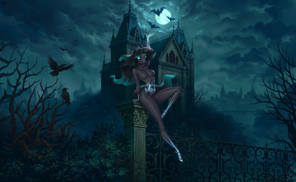 anthro blue_eyes bone breasts building cloud featureless_breasts female full_moon gothic_architecture house mansion membrane_(anatomy) membranous_wings moon night solo wings holivi tricksy_marlowe bat equid equine horse mammal spirit absurd_res hi_res widescreen