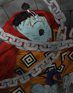 bound bruised chain chained clothing cuff_(restraint) inside male musclegut muscular not_furry one_eye_closed overweight overweight_humanoid overweight_male prison restraints shackles sitting solo tattoo wounded chidzu chizu one_piece jinbe aquatic fish fish-men_(one_piece) humanoid 2012