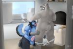 anthro balls bear biceps bitnarukami black_hair blue_body blue_fur bottomwear building butt canid canine canis chair clothed clothing duo erection facial_hair facial_piercing fur furniture genitals grey_body grey_fur hair hi_res humanoid_genitalia humanoid_penis jockstrap male male/male male_penetrated male_penetrating male_penetrating_male mammal muscular nose_piercing nose_ring nude office oral pants pecs penetration penis piercing ring_piercing septum_piercing sex texas_bruin topless underwear wolf