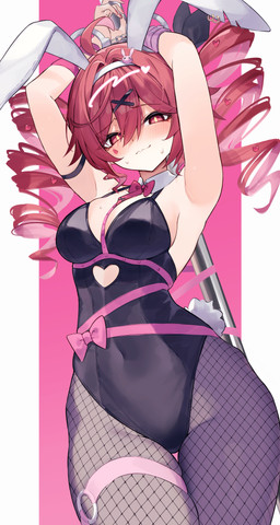 ahoge blush bodily_fluids bow_tie breasts bunny_costume clothing costume cuff_(restraint) drill_curls ear_piercing ear_ring fake_ears fake_rabbit_ears female fishnet_clothing fishnet_legwear fishnet_pantyhose hair hair_between_eyes heart_symbol legwear long_hair looking_at_viewer medium_breasts not_furry pantyhose piercing pole rabbit_ears raised_arms red_eyes red_hair restraints ring_piercing scut_tail short_tail stripper_pole sweat sweatdrop tail teardrop_facial_mark thigh_strap wavy_mouth wrist_cuffs diieru deco_27_(producer) rabbit_hole_(deco_27) utau kasane_teto human mammal absurd_res hi_res