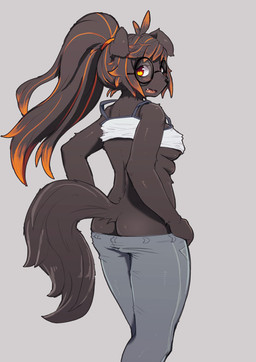 antenna_hair anthro bangs bare_shoulders biped black_body black_eyewear black_fur black_hair black_nose black_tail blush bottomwear bottomwear_down bottomwear_pull breasts butt clothed clothing clothing_pull cute_fangs eyebrow_through_hair eyebrows eyewear fangs female female_anthro floppy_ears fully_clothed fur glasses grey_background grey_bottomwear grey_clothing grey_pants hair highlights_(coloring) kemono looking_back medium_breasts monotone_body monotone_fur monotone_tail multi_breast multicolored_eyes multicolored_hair nipple_slip nipples open_mouth orange_hair pants pants_down pants_pull partially_clothed pink_nipples pink_tongue red_eyes round_glasses shirt simple_background small_breasts solo standing tail tank_top teeth tongue topwear translucent translucent_hair two_tone_eyes two_tone_hair under_boob white_clothing white_topwear yellow_eyes hanadaiteol oinu-chan_(hanadaiteol) canid canine canis domestic_dog mammal 2019 digital_media_(artwork)