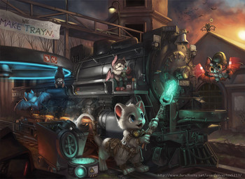amazing_background ambiguous_gender armor big_eyes blue_eyes crystal detailed_background eyes_closed fantasy fur group headgear helmet lionel_trains locomotive minecart steam_locomotive sunset toony train vehicle white_body white_fur silverfox5213 bat felid lion mammal pantherine taur 2014 detailed digital_media_(artwork) digital_painting_(artwork) painting_(artwork)