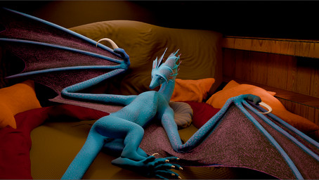 5_toes bed blue_body blue_skin feet female feral frill_(anatomy) furniture glowing glowing_eyes lying lying_on_bed on_bed on_side pose solo toes wings varell european_mythology mythology vylara_(rygeldragon2026) dragon mythological_creature mythological_scalie scalie western_dragon wyvern 3d_(artwork) digital_media_(artwork) hi_res pinup