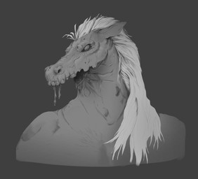 ambiguous_gender anthro bone empty_eyes hair long_hair missing_jaw muscular pointy_ears rotting rotting_flesh simple_background skull snout solo vein ruffu philippine_mythology equid mammal tikbalang bust_portrait digital_media_(artwork) digital_painting_(artwork) painting_(artwork) portrait