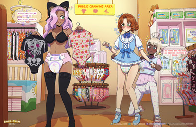 baby_mobile blue_clothing blue_diaper bottomwear bra brown_hair clothed clothing clothing_rack detailed_background diaper diaper_cover diaper_package diaper_under_clothing diaper_use dress feces group hair onesie pants pink_diaper pink_hair plushie pooping shelf skirt soiled_diaper soiling soiling_diaper store teddy_bear text trio unclean_diaper underwear used_diaper wearing_diaper white_hair kuma-dasai calissa_(ursamajorbrat) bear mammal absurd_res english_text hi_res