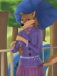 anthro black_nose bottomwear brown_body brown_fur clothing creek ear_piercing female fluffy fur green_eyes happy holding_object jacket looking_at_viewer makeup neckwear outside piercing plant purple_outfit purse skirt smile smiling_at_viewer solo topwear tree umbrella fleshslinky nicole_(fleshslinky) 3:4 hi_res