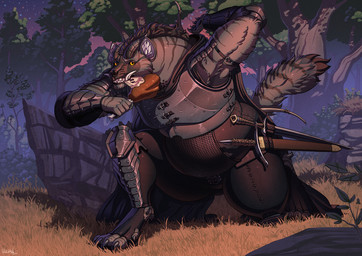 anthro armor black_sclera eating fantasy food fur grey_body grey_fur male meat melee_weapon overweight overweight_male solo sword weapon yellow_eyes azsola gnoll hyena mammal