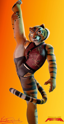 anthro bottomwear clothing detailed_fur female fur muscular muscular_female on_one_leg shorts simple_background solo standing stretching tail topwear vermilionrenderworks johnwulffe_(modeler) dreamworks kung_fu_panda master_tigress felid mammal pantherine tiger absurd_res blender_(artwork) detailed digital_media_(artwork) hi_res signature