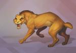 ambiguous_gender detailed_background feral open_mouth paws simple_background solo standing teeth tongue yellow_eyes yulliandress felid mammal prehistoric_species saber-toothed_tiger 2019 digital_media_(artwork)