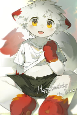 anthro barefoot bottomwear clothed clothing feet fur looking_at_viewer male open_mouth red_body red_fur shirt shorts simple_background sitting smile smiling_at_viewer solo t-shirt text topwear white_body white_fur yellow_eyes young young_anthro young_male cuihongshi lixuan_(tanukinoki) canid canine fox mammal colored detailed english_text hi_res
