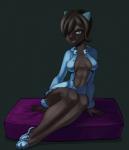 anthro biped blue_eyes breasts brown_body brown_fur brown_hair clothed clothing female fur hair hair_over_eye lipstick looking_at_viewer makeup navel one_eye_obstructed pose side_boob sitting skimpy solo jegc ankama dofus dofus:_kerub's_bazaar carnissa_(dofus) domestic_cat ecaflip felid feline felis mammal 2019 digital_media_(artwork) hi_res