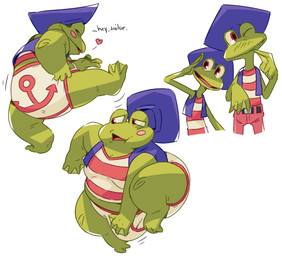 anthro belt big_bulge biped blue_clothing blue_hat blue_headwear blush bulge clothed clothing green_body hat headgear headwear heart_symbol male overweight overweight_anthro overweight_male pattern_clothing pattern_shirt pattern_topwear shirt simple_background smile solo striped_clothing striped_shirt striped_topwear stripes topwear underwear white_background flookz banjo-kazooie rareware jolly_dodger amphibian frog 2020 digital_media_(artwork) multiple_images