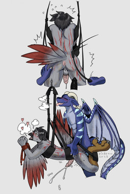 2_horns anthro anthro_on_anthro anthro_on_bottom anthro_on_top anthro_penetrated anthro_penetrating anthro_penetrating_anthro anthro_pov arm_feathers bdsm beak black_beak black_hair black_markings black_penis blue_body blue_ears blue_membrane blue_scales blue_stripes blue_wings blush bodily_fluids bondage bound closed_smile cum cum_drip dripping duo ejaculation ellipsis eyelashes eyes_closed feathers first_person_view genital_fluids genitals grey_background grey_body grey_feathers hair half-closed_eyes hands_tied head_markings heart_symbol holding_object holding_whip horn humanoid_hands male male/male male_anthro male_on_bottom male_on_top male_penetrated male_penetrating male_penetrating_male male_pov markings masochism membrane_(anatomy) membranous_wings mouth_closed multicolored_body multicolored_feathers narrowed_eyes nude_anthro nude_male on_bottom on_top open_mouth open_smile orange_eyes orgasm penetration penis pink_heart pink_penis precum red_body red_feathers red_rope red_tail restraints riding_crop rope rope_bondage safeword scales scutes sex sex_swing short_hair side_view simple_background smile speech_bubble striped_body striped_legs striped_wings stripes suspension sweat sweatdrop tail tan_horn teeth text tongue tongue_out two_tone_tail whip whipping wings yellow_scutes birdpaw_(artist) european_mythology final_fantasy mythology square_enix avian bird chocobo dragon mythological_creature mythological_scalie scalie western_dragon 2026 artist_name comic dated digital_drawing_(artwork) digital_media_(artwork) english_text hi_res shaded