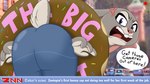 2024 absurd_res angry anthro buckteeth butt butt_focus cross-popping_vein dessert dialogue disney doughnut english_text european_rabbit female food hi_res judy_hopps judy_stuck_in_donut_redraw lagomorph leporid looking_at_viewer looking_back mammal news news_report oryctolagus pastry purple_eyes rabbit scut_tail short_tail solo speech_bubble splatpad stuck tail teeth text zootopia