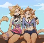 anthro blue_eyes breasts clothed clothing day detailed_background duo eyebrows eyelashes female midriff navel outside sky smile kaitycuddle domestic_cat felid feline felis mammal 2020 digital_media_(artwork)