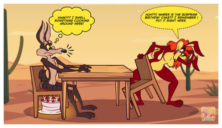3_toes 4_fingers abstract_background anthro arm_tuft athletic belly bent_down biped birthday_cake black_eyes black_nose breasts brown_body brown_fur bubble_butt butt butt_on_fire butthurt cactus cake candle chair chest_tuft container cup curvy_figure desert dessert dialogue duo elbow_tuft eyebrows eyelashes eyeliner featureless_breasts feet female fingers fire food fur furniture glass glass_container glass_cup hair humanoid_hands humanoid_heel knee_tuft leg_tuft lines_drawn lipstick logo long_hair looking_down makeup male multicolored_body multicolored_fur natural nude on_chair open_mouth orange_hair outside pain paws pecs plant plantigrade pose purple_eyeliner raised_tail red_lipstick reddened_butt sagging_butt sand shadow shoulder_tuft sitting sitting_at_table sitting_on_chair skinny smoke sniffing speech_bubble standing table tail tan_belly tan_body tan_eyebrows tan_fur text thought_bubble toes tuft two_tone_body two_tone_fur two_tone_tail whispering white_sclera wide_hips wood wood_chair wood_furniture wood_table yellow_belly yellow_body yellow_breasts yellow_fur yellow_sclera yellow_speech_bubble nafyo-toons looney_tunes warner_brothers dottie_coyote fan_character wile_e._coyote canid canine canis coyote mammal 2021 artist_logo colored comic detailed digital_drawing_(artwork) digital_media_(artwork) english_text flat_colors pinup watermark