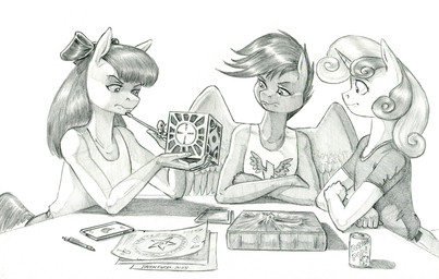 accessory anthro anthrofied belt beverage_can book bottomwear bow_ribbon cellphone clothed clothed_female clothing crossed_arms cube_(object) electronics feathers female fur furniture group hair hair_accessory hair_bow hair_ribbon half-closed_eyes holding_object holding_screwdriver holding_tool horn imminent_pain lament_configuration leaning leaning_on_table magic_user mane mouth_closed narrowed_eyes necromancer pants pen pencil_(object) phone ribbons screwdriver shirt smartphone table tail tank_top tools topwear trio uhoh unicorn_horn wide_eyed wings baron_engel apple_inc. friendship_is_magic hasbro hellraiser my_little_pony mythology apple_bloom_(mlp) cutie_mark_crusaders_(mlp) necronomicon scootaloo_(mlp) sweetie_belle_(mlp) earth_pony equid equine horse mammal mythological_creature mythological_equine pegasus pony unicorn 2025 greyscale monochrome signature story story_in_description