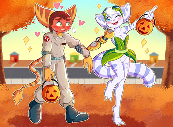 anthro autumn barefoot belt blue_eyes blush bottomless breasts cleavage clothed clothing cosplay costume cybernetic_arm cybernetic_limb dialogue duo ear_piercing ear_ring eyebrows eyelashes eyewear eyewear_on_head feet female fur genitals goggles goggles_on_head green_eyes halloween_bucket headgear headwear heart_symbol holidays male no_underwear pantsless piercing red_face ring_piercing striped_body striped_fur stripes tail tail_tuft text tuft vulva white_body white_fur yellow_body yellow_fur manys_art third-party_edit activision ghostbusters halloween ratchet_and_clank sony_corporation sony_interactive_entertainment spyro_the_dragon elora ratchet_(ratchet_and_clank) rivet_(ratchet_and_clank) lombax mammal 2025 english_text hi_res watermark