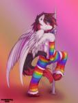 anthro armband biped clothed clothing collar feathered_wings feathers fluffy fur hair legwear looking_at_viewer male nude rainbow simple_background smile solo stockings wings neo_goldwing_(artist) mythology iridium_gloom equid equine mammal mythological_creature mythological_equine pegasus 2019 digital_drawing_(artwork) digital_media_(artwork) hi_res