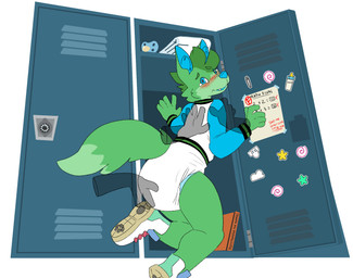 ageplay anthro blue_clothing blue_eyes blue_topwear blush cheek_tuft clean_diaper clothed clothing diaper diaper_check disembodied_hand facial_tuft fur glistening glistening_eyes green_body green_fur green_hair green_tail group hair infantilism locker looking_at_viewer male male_anthro pacifier roleplay short_hair solo_focus standing tail topwear tuft wearing_diaper white_clothing white_diaper white_topwear hardscales canid canine mammal hi_res