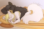 anthro bed brown_body brown_fur duo eyes_closed female fur furniture hug interspecies lying male male/female nude on_side sleeping spooning tail white_body white_fur cloudy_kitty bear domestic_cat felid feline felis mammal 2012