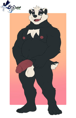 4_toes 5_fingers anthro balls black_body black_fur blue_eyes border eyebrows fangs feet fingers fur genitals glans gradient_background half-erect humanoid_genitalia humanoid_penis male markings navel nipples nude open_mouth open_smile penis simple_background smile solo standing tail teeth toes tongue whisker_markings white_balls white_body white_border white_fur koji_xee bradley_the_badger_(game) bradley_(bradley_the_badger) badger mammal mustelid musteline 2025 absurd_res hi_res signature