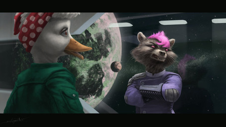 anthro clone clothed clothing duo fangs female fur kerchief pink_body pink_eyes pink_fur red_eyes snarling space spacesuit teeth window rahzzah guardians_of_the_galaxy marvel howard_the_duck linda_the_duck shocket_raccoon anatid anseriform avian bird duck mammal procyonid raccoon letterbox unavailable_at_source