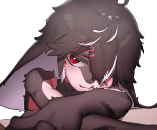 accessory ambiguous_gender anthro bangs big_ears black_clothing black_crop_top black_eyes black_shirt black_topwear brown_body brown_fur brown_hair clothing countershade_face countershade_torso countershading crop_top crossed_arms front_view fur hair hair_accessory hair_over_eye hairclip head_on_shoulder kemono messy_hair multicolored_eyes multicolored_hair pupils red_eyes shirt simple_background slit_pupils smile solo tan_body tan_fur topwear whiskers white_background white_hair white_pupils eitirou12345 mammal hi_res male_(lore)