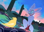 anthro big_ears blood blue_eyes blue_sky bodies bodily_fluids bone feathers grass pillar plant sky solo wide_smile yellow_body yellow_feathers hydrabb avian bird lagomorph leporid mammal rabbit reptile scalie snake digital_media_(artwork) hi_res lineless